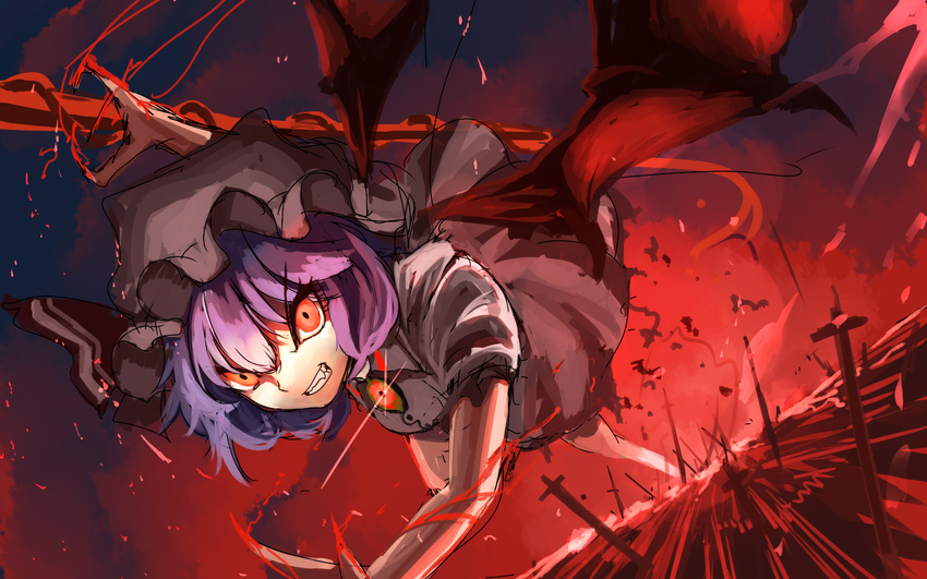 bad_id bad_pixiv_id bat_wings blood cross foreshortening grin hat jewelry pendant planted_sword planted_weapon purple_hair red red_eyes remilia_scarlet rikkido short_hair smile spear_the_gungnir sword touhou wallpaper weapon wings