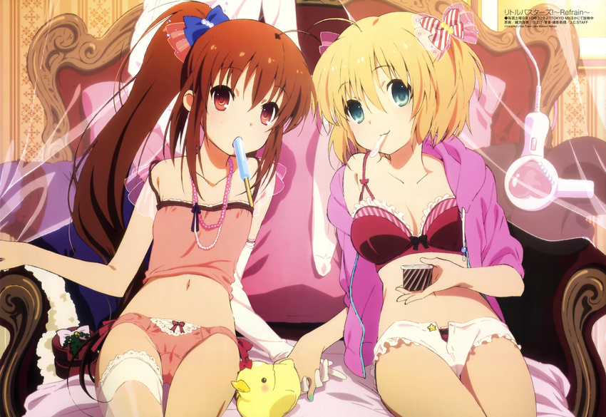 absurdres blonde_hair blue_eyes bra breasts brown_hair camisole chair collarbone cowboy_shot food highres hood hoodie jacket kamikita_komari little_busters! long_sleeves looking_at_viewer medium_breasts megami mouth_hold multiple_girls nail_polish natsume_rin navel official_art ogata_hiromi open_clothes open_hoodie open_jacket open_shorts panties pink_bra pink_panties ponytail popsicle pudding red_eyes rubber_duck shirt short_shorts shorts sleeveless sleeveless_shirt small_breasts spaghetti_strap spoon stomach throne underwear underwear_only