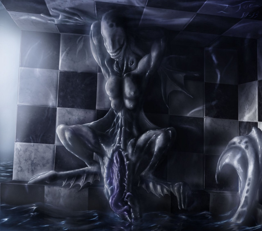 alien aquatic breasts demon female ijoe lying monster nightmare_fuel nude on_back penis solo surreal tapering_penis tiles water