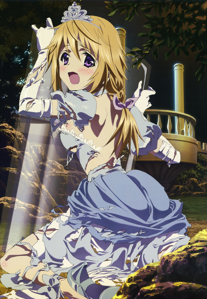 absurdres blonde_hair charlotte_dunois crown d: dress gloves highres infinite_stratos kuniyuki_yurie long_hair nyantype official_art open_mouth purple_eyes riot_shield solo torn_clothes torn_dress torn_gloves white_gloves