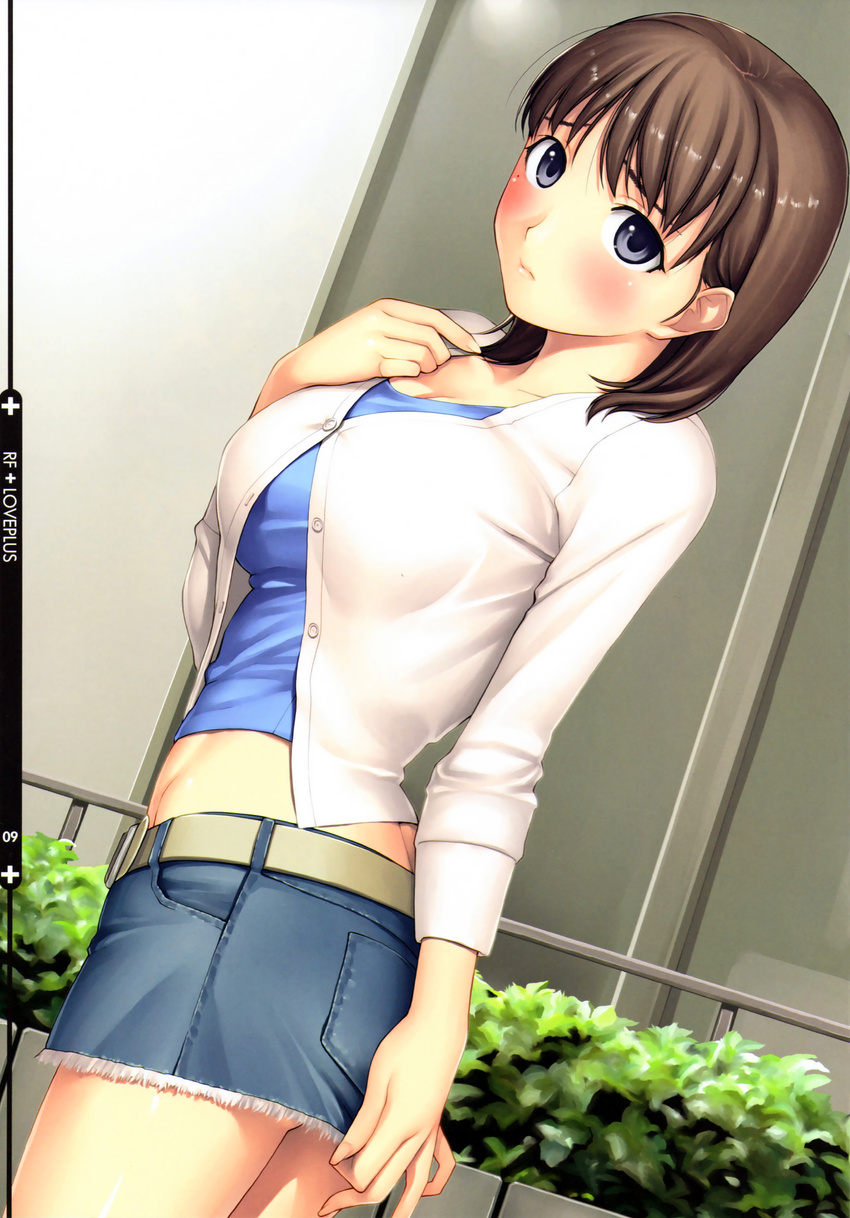 absurdres anegasaki_nene black_eyes blush breasts brown_hair casual cleavage cutoffs denim denim_skirt fingernails groin hand_on_own_chest highres jacket large_breasts long_fingernails looking_at_viewer love_plus midriff miniskirt mole mole_under_eye scan skirt skirt_tug solo tanaka_shoutarou