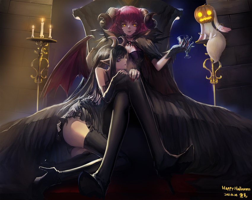 akemi_homura blackrabbitsoul candle cup drinking_glass fang halloween high_heels highres horns jack-o'-lantern kaname_madoka kyubey mahou_shoujo_madoka_magica multiple_girls pointy_ears throne wine_glass wings yuri