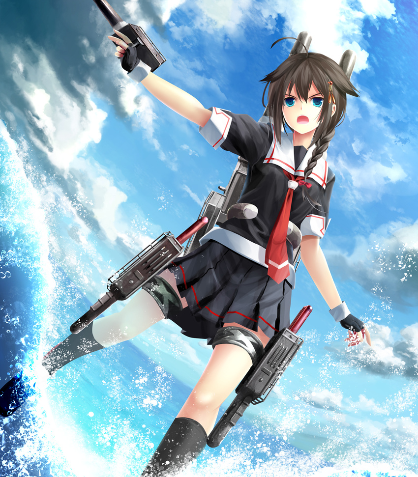 ahoge black_gloves black_hair blue_eyes braid cloud day fingerless_gloves gloves hair_ornament hair_over_shoulder hairclip highres kantai_collection kneehighs kouji_(astral_reverie) ocean pleated_skirt remodel_(kantai_collection) school_uniform serafuku shigure_(kantai_collection) single_braid skirt sky solo