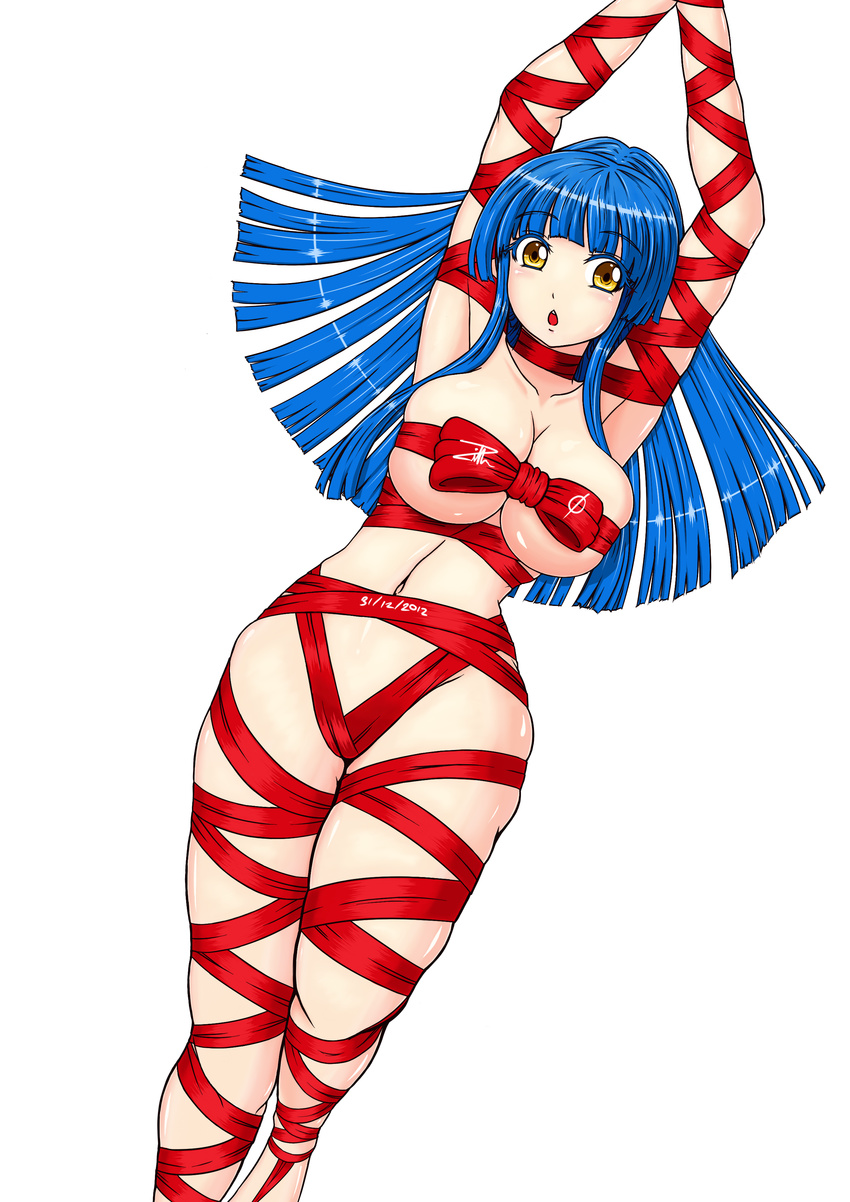 absurdres arms_up bdsm blue_hair bondage bound bow breasts cleavage highres large_breasts long_hair naked_ribbon original red_ribbon ribbon ribbon_bondage solo underboob yellow_eyes zilhouette