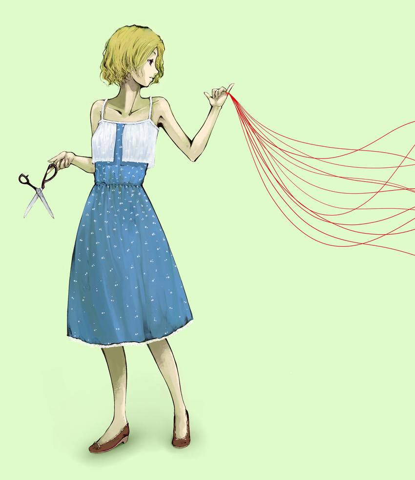 bare_shoulders blonde_hair collarbone dress full_body highres looking_away original parted_lips profile red_string scissors short_hair solo standing string travo