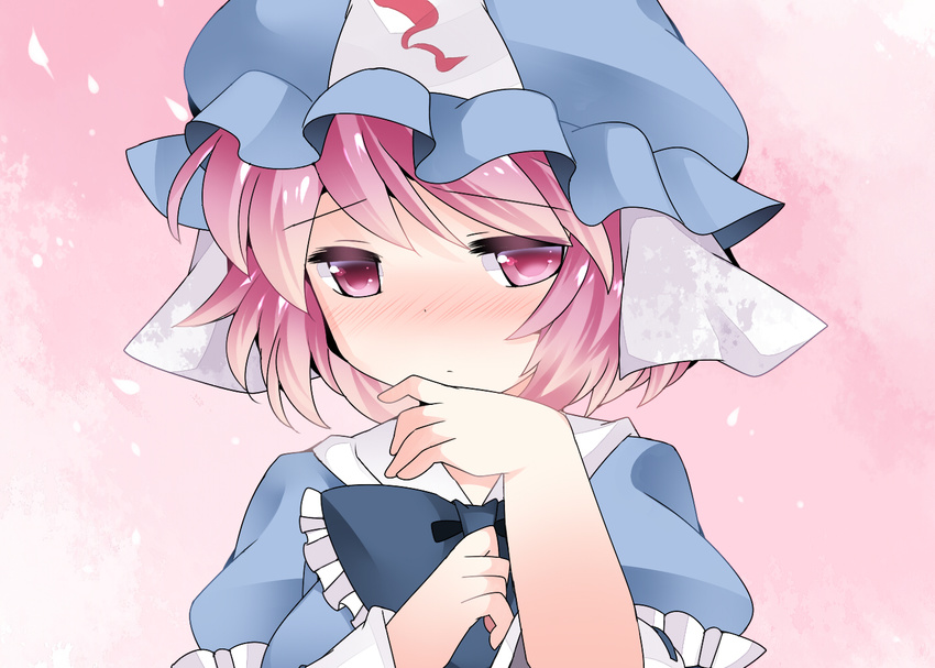 blush check_commentary commentary commentary_request hammer_(sunset_beach) hand_on_own_chin hat japanese_clothes looking_at_viewer pink_eyes pink_hair puffy_short_sleeves puffy_sleeves saigyouji_yuyuko short_hair short_sleeves solo touhou triangular_headpiece