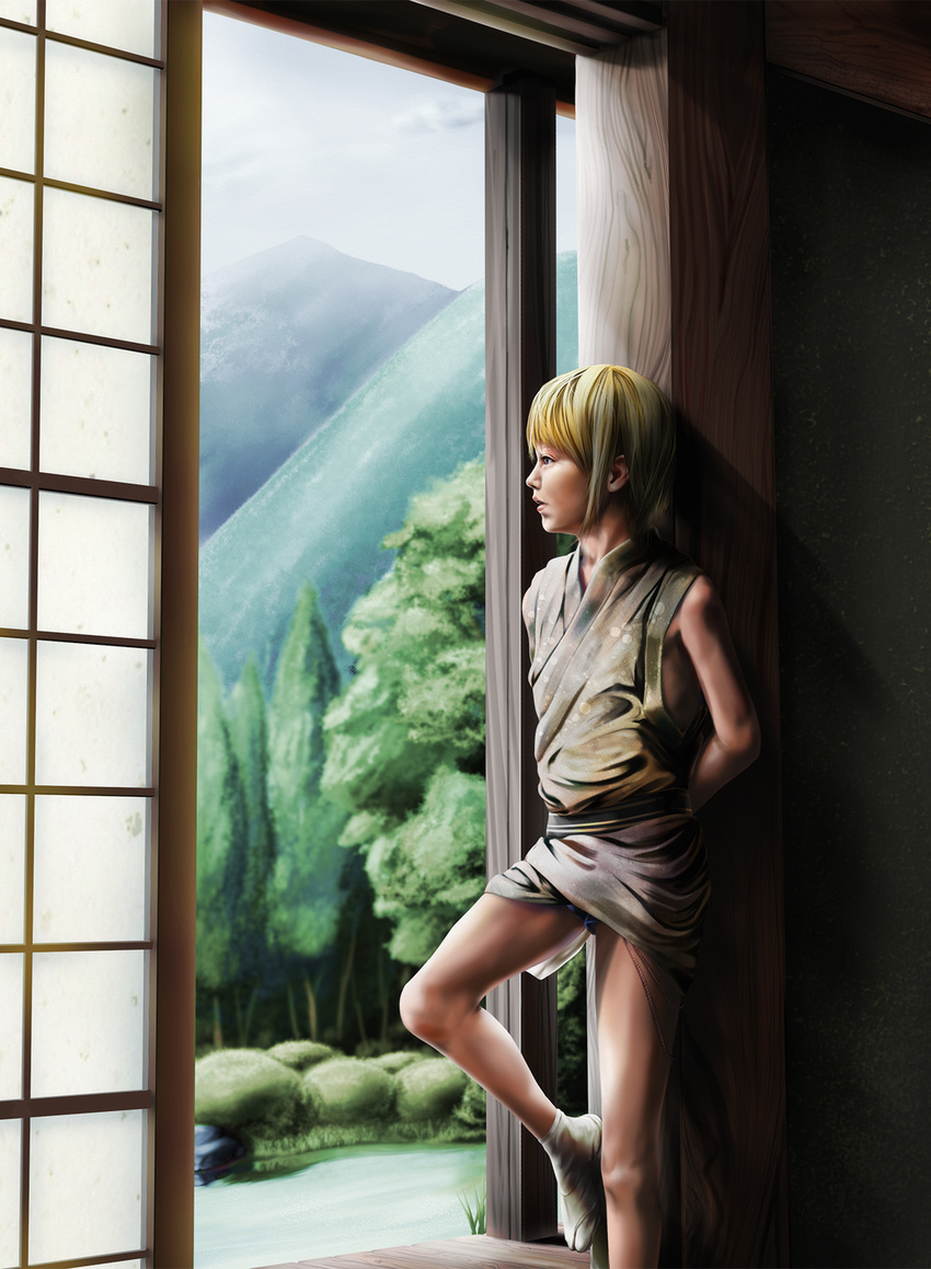 1boy blonde_hair child indoors japanese_clothes japanese_house male male_focus mountain realistic sky solo to1989