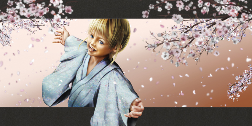 1boy blonde_hair blue_eyes child flower japanese_clothes kimono male male_focus realistic sakura solo to1989