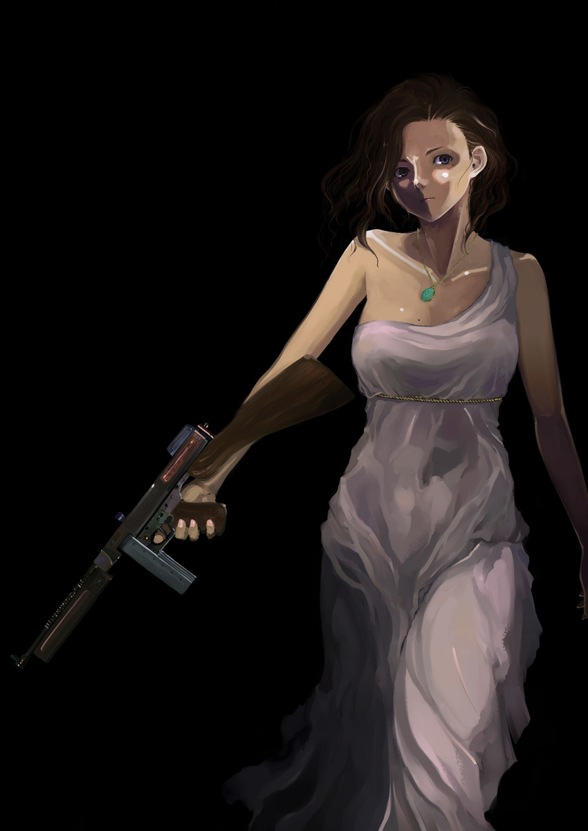 bare_shoulders black_background blue_eyes breasts brown_hair collarbone dress gun highres large_breasts lipstick long_hair looking_away makeup mole mole_on_breast original simple_background solo submachine_gun thompson_submachine_gun travo weapon