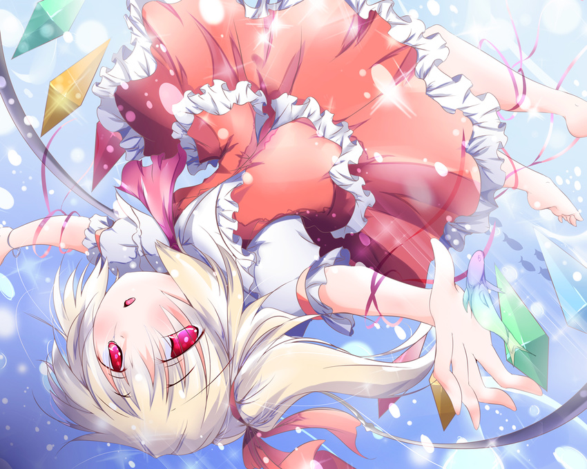 barefoot blonde_hair blush bubble crystal fish flandre_scarlet nagii_yuki no_hat no_headwear open_mouth outstretched_arms puffy_short_sleeves puffy_sleeves red_eyes ribbon short_hair short_sleeves side_ponytail skirt smile solo toes touhou underwater upside-down vest wings