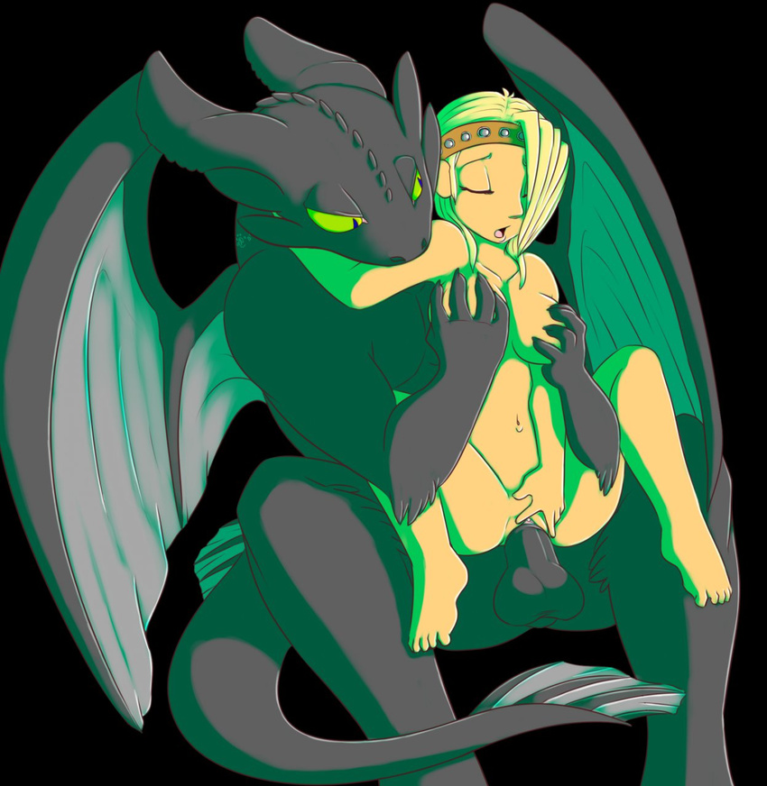 anthrofied astrid balls black_body blonde_hair breast_fondling breasts bubble_kitten17 claws dragon duo eyes_closed female fondling green_e hair how_to_train_your_dragon human human_on_anthro interspecies kissing male mammal night_fury nude penetration penis scalie sex spread_legs spreading straight toothless vaginal vaginal_penetration wings yes