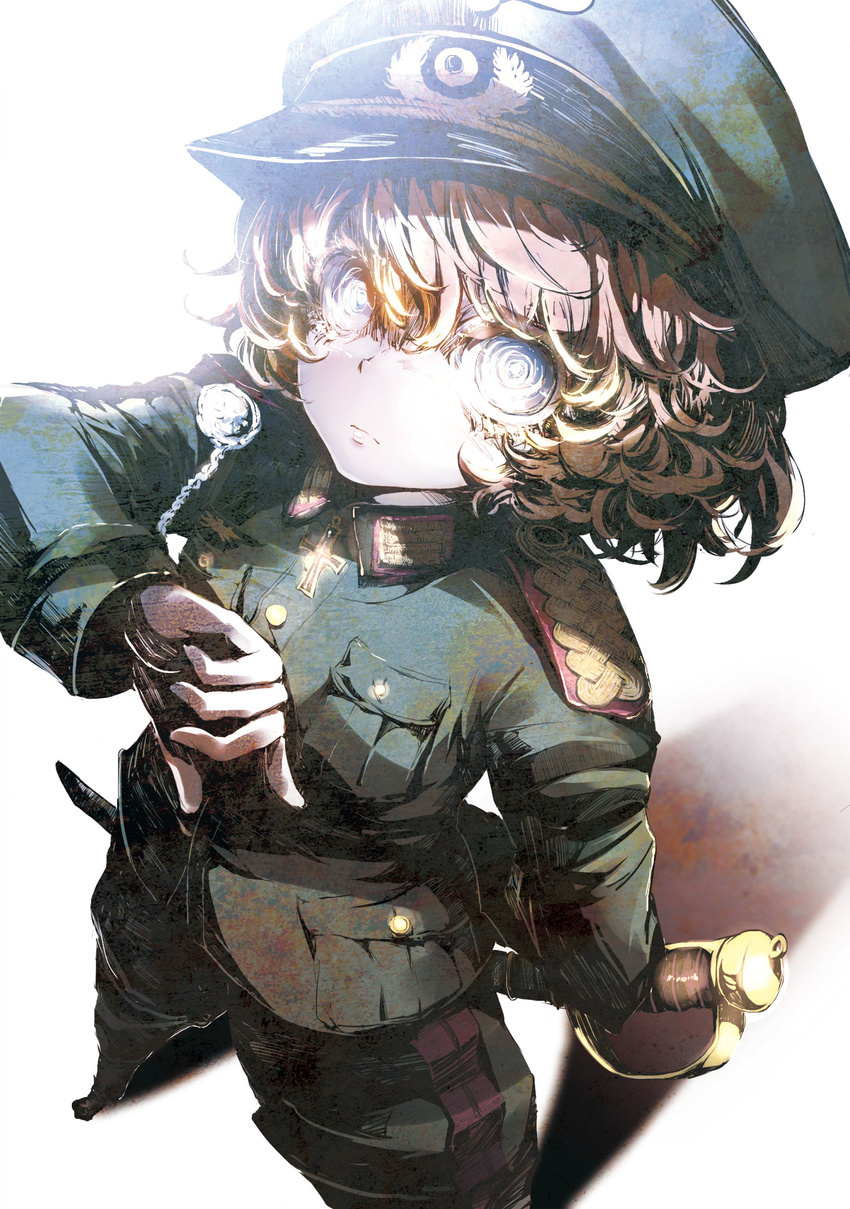 arm_behind_back blonde_hair blue_eyes closed_mouth cover cover_page cross cross_necklace curly_hair hat highres jewelry military military_uniform necklace neichiru novel_cover official_art peaked_cap saber_(weapon) short_hair solo sword tanya_degurechaff uniform weapon youjo_senki