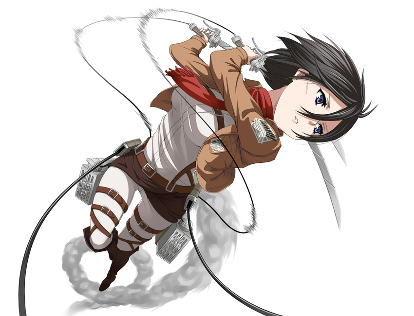 bad_id bad_pixiv_id belt black_hair blue_eyes boots dashing dual_wielding emblem holding jacket mikasa_ackerman paradis_military_uniform scar scarf seven_(11) shingeki_no_kyojin short_hair solo survey_corps_(emblem) sword thigh_strap three-dimensional_maneuver_gear weapon