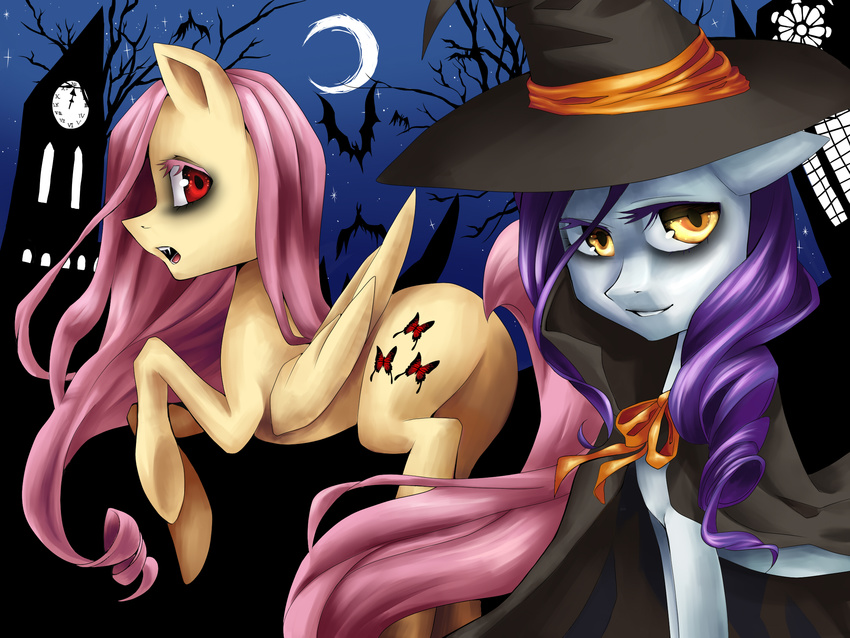 cape clock_tower cutie_mark duo equine fangs female feral flutterbat_(mlp) fluttershy_(mlp) friendship_is_magic fur hair halloween hat holidays horn horse long_hair looking_at_viewer looking_back mammal moon my-magic-dream my_little_pony night open_mouth outside pegasus pony purple_hair rarity_(mlp) red_eyes sky smile stars unicorn vampire white_fur wings witch_hat yellow_eyes