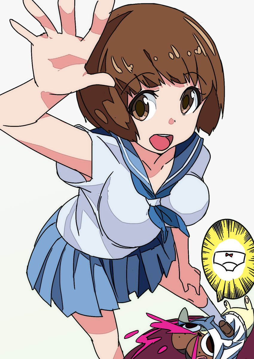 akechi_shizuku armpit_peek blood blue_sailor_collar blue_skirt bob_cut brown_eyes brown_hair dog guts_(kill_la_kill) highres kill_la_kill mankanshoku_mako nosebleed panties sailor_collar school_uniform serafuku skirt smile stepped_on underwear