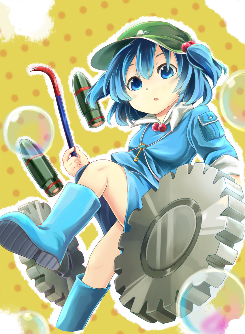 absurdres backpack bad_id bad_pixiv_id bag blue_eyes blue_hair blush boots bubble crowbar gears hair_bobbles hair_ornament hat highres kasagi kawashiro_nitori key missile open_mouth short_hair skirt smile solo touhou two_side_up