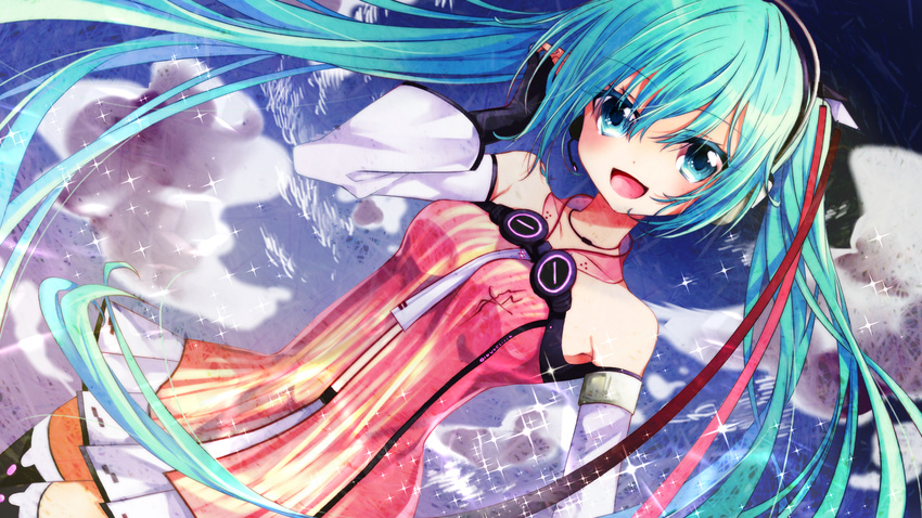 aqua_eyes aqua_hair detached_sleeves fingerless_gloves freely_tomorrow_(vocaloid) gloves hatsune_miku headset highres long_hair open_mouth project_diva_(series) project_diva_f skirt solo thighhighs tsukasa_kinako twintails very_long_hair vocaloid