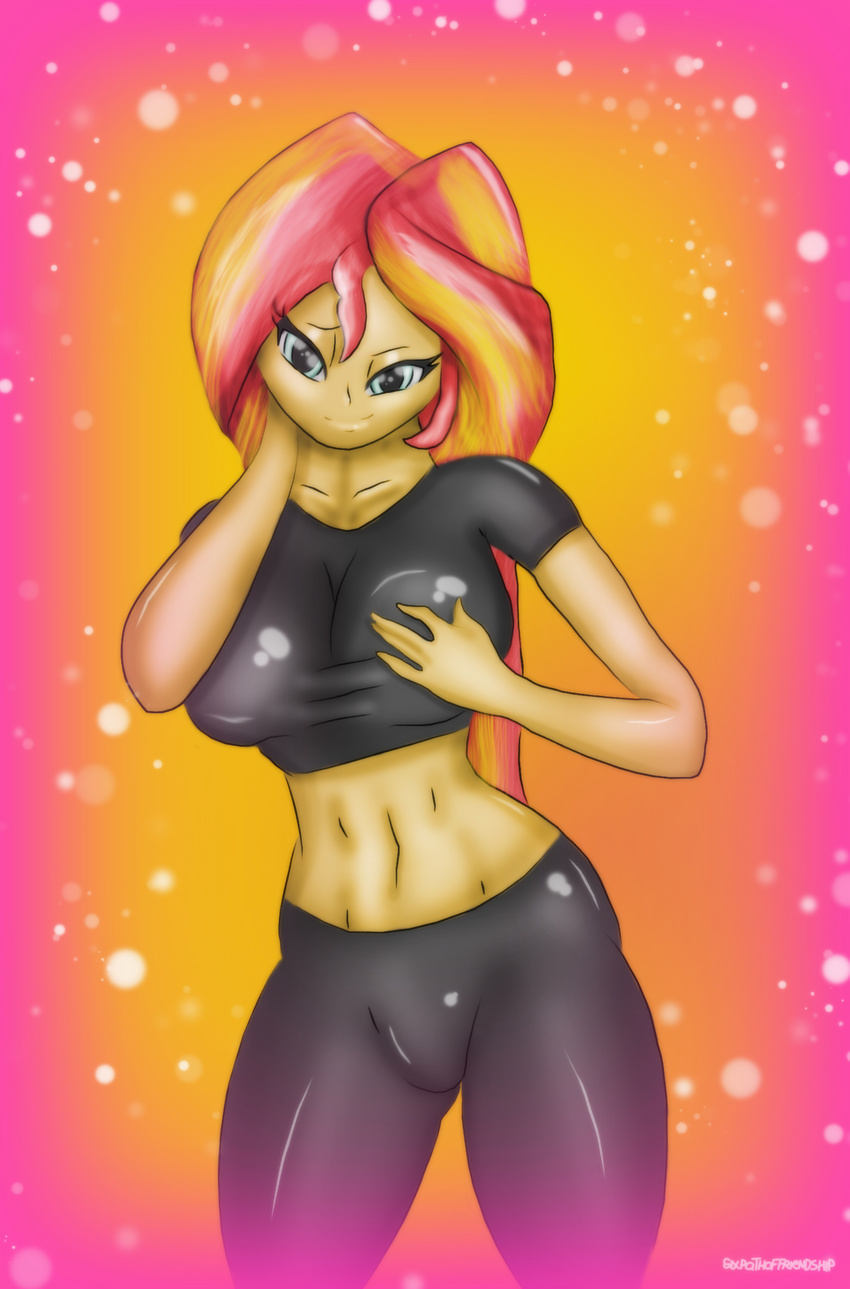 anthro anthrofied blonde_hair blue_eyes breasts clothing equestria_girls equine female hair hand_on_breast horse mammal my_little_pony pony red_hair sixpathoffriendship solo sparkles standing sunset_shimmer_(eg) two_tone_hair