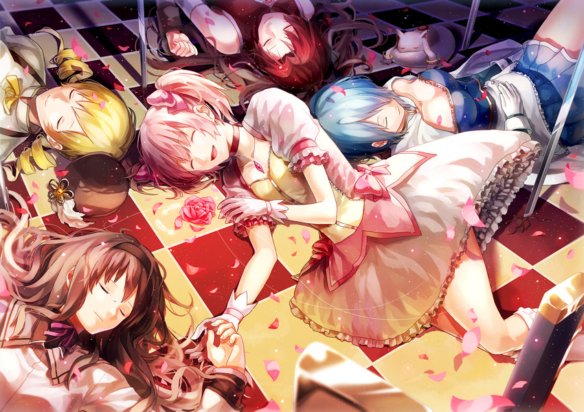 absurdres akemi_homura bad_id bad_pixiv_id black_hair blonde_hair blue_hair bow cape checkered checkered_floor closed_eyes dress floor flower hair_bow headwear_removed highres holding_hands kaname_madoka kyubey long_hair lying mahou_shoujo_madoka_magica miki_sayaka multiple_girls p.rupon petals pink_hair ponytail red_hair rose sakura_kyouko short_hair smile tomoe_mami