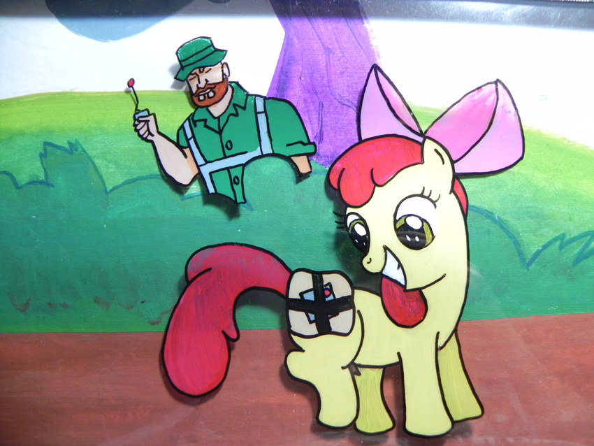 absurd_res apple_bloom_(mlp) bomb c4 captain_price detonate drawing equine esprites female friendship_is_magic hair hat hi_res horse human mammal my_little_pony painting parody pony ranged_weapon red_hair smile soldier traditional_media video_games weapon what young