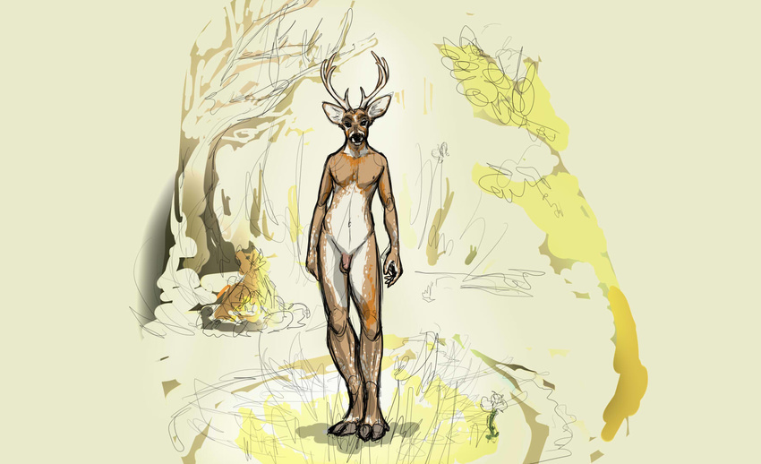 anthro antlers balls brown_fur cervine deer fire forest fur hooves horn looking_at_viewer male mammal nipples nude penis shanegdraco solo tree