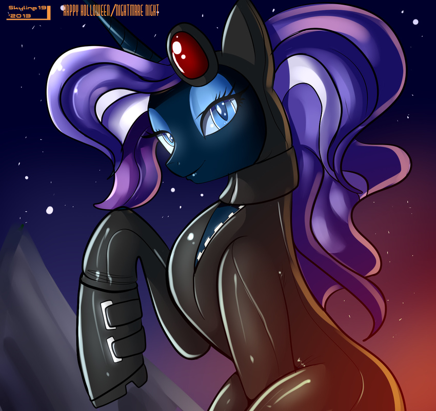 blue_eyes boots cat_eyes catsuit catwoman equine eyewear female feral friendship_is_magic goggles hair horn horse looking_at_viewer mammal my_little_pony night nightmare_rarity_(mlp) pony purple_hair rarity_(mlp) skyline19 slit_pupils solo stars two_tone_hair unicorn white_hair zip
