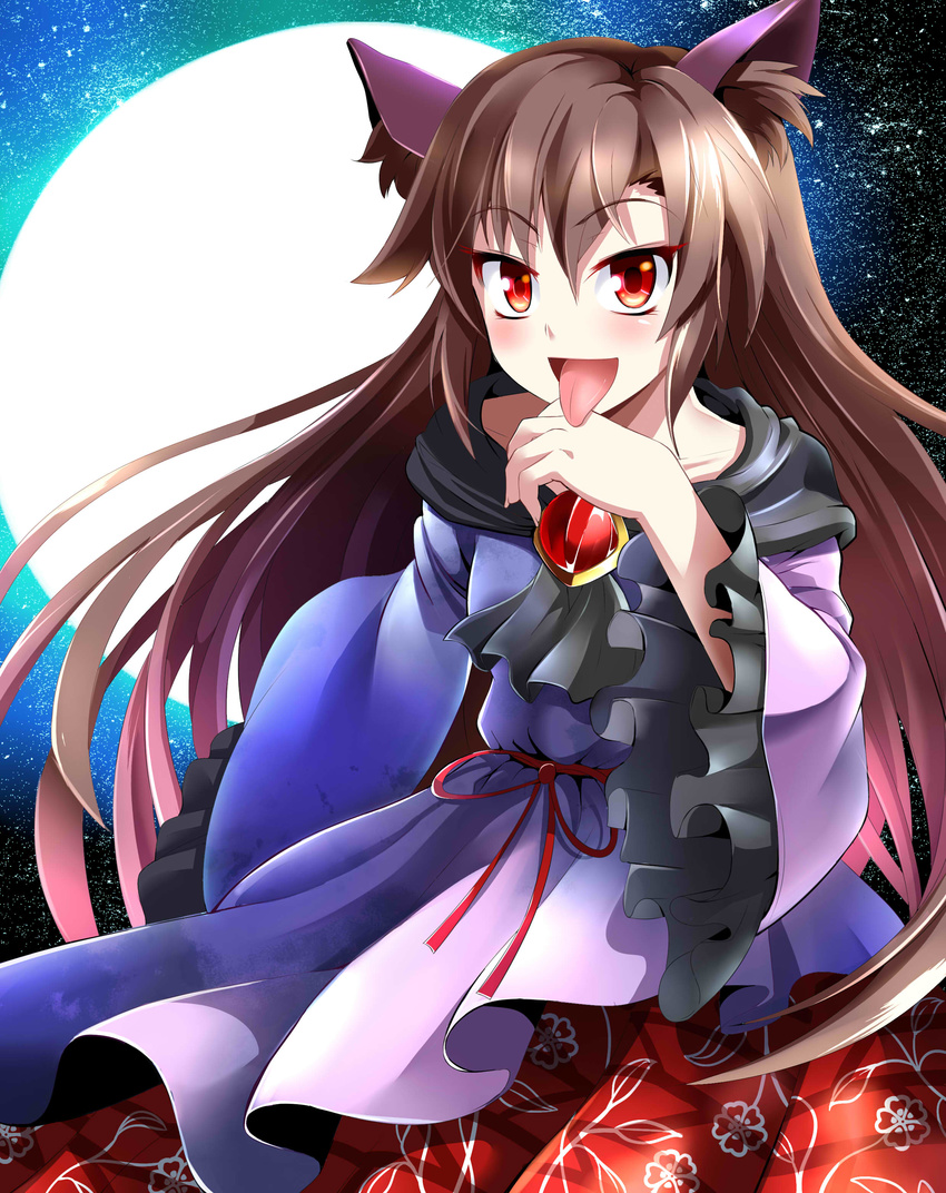 absurdres animal_ears blush brooch brown_hair dress e.o. full_moon highres imaizumi_kagerou jewelry long_hair long_sleeves moon night night_sky open_mouth red_eyes sky smile solo star star_(sky) starry_sky tongue tongue_out touhou wide_sleeves wolf_ears