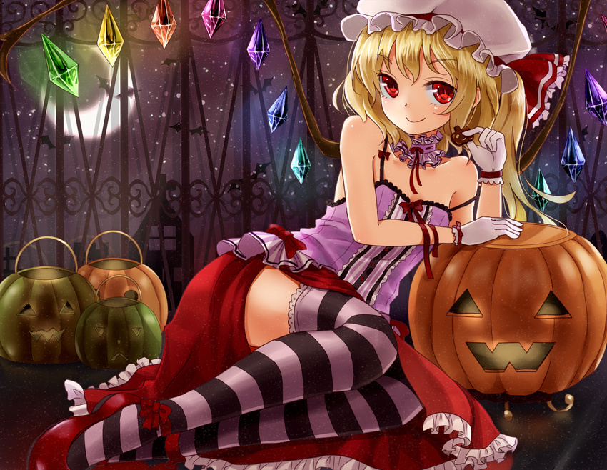 bare_shoulders bat blonde_hair bow camisole choker cookie crescent_moon flandre_scarlet food gloves halloween hat hat_ribbon highres jack-o'-lantern legs_together lolita_fashion looking_at_viewer lying moon night night_sky on_side red_eyes ribbon shironeko_yuuki short_hair side_ponytail skirt sky smile solo star star_(sky) starry_moon starry_sky strap_slip striped striped_legwear thighhighs touhou white_gloves wings
