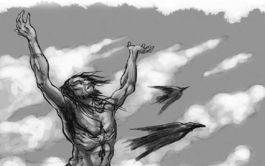 avian beard clouds facial_hair greyscale human male monochrome raven tattoo unknown_artist white_wolf_publishing world_of_darkness