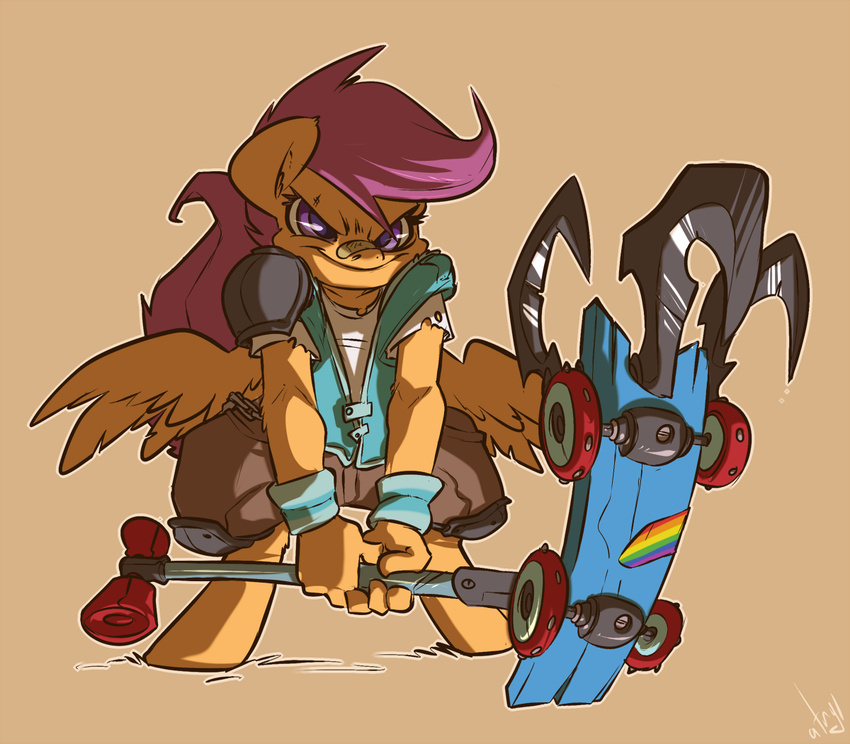 anthrofied atryl band-aid clothed clothing equine female friendship_is_magic fur hair horse looking_at_viewer mammal my_little_pony orange_fur pegasus plain_background purple_eyes purple_hair rainbow scootaloo_(mlp) scooter smile solo weapon wings