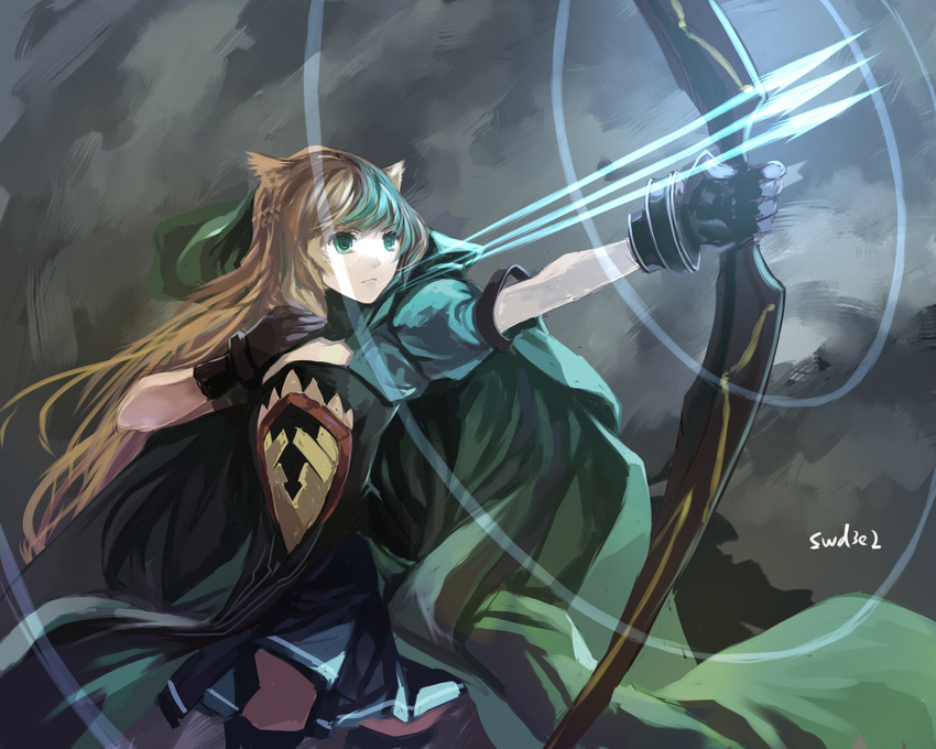 animal_ears bow_(weapon) brown_hair cape dress fate/apocrypha gloves green_eyes long_hair signed swd3e2 weapon