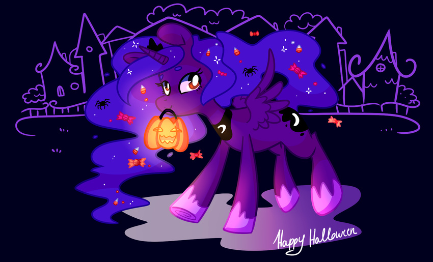 arthropod blue_fur blue_hair candy candy_corn crown cute cutie_mark equine female feral friendship_is_magic fur glowing hair halloween holidays horn horse jack_o'_lantern jack_o'_lantern long_hair mammal my_little_pony pepooni pony princess_luna_(mlp) pumpkin royalty smile solo spider winged_unicorn wings