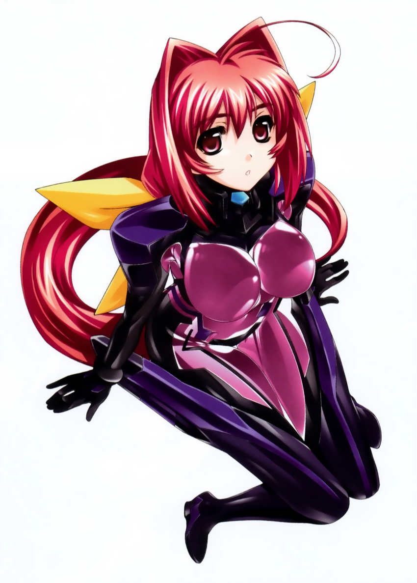 absurdres ahoge arm_support artist_request bodysuit breasts full_body hair_intakes highres kagami_sumika knees_together_feet_apart large_breasts long_hair low_ponytail muvluv muvluv_alternative official_art parted_lips pilot_suit pink_bodysuit red_eyes red_hair scan simple_background solo thigh_gap very_long_hair