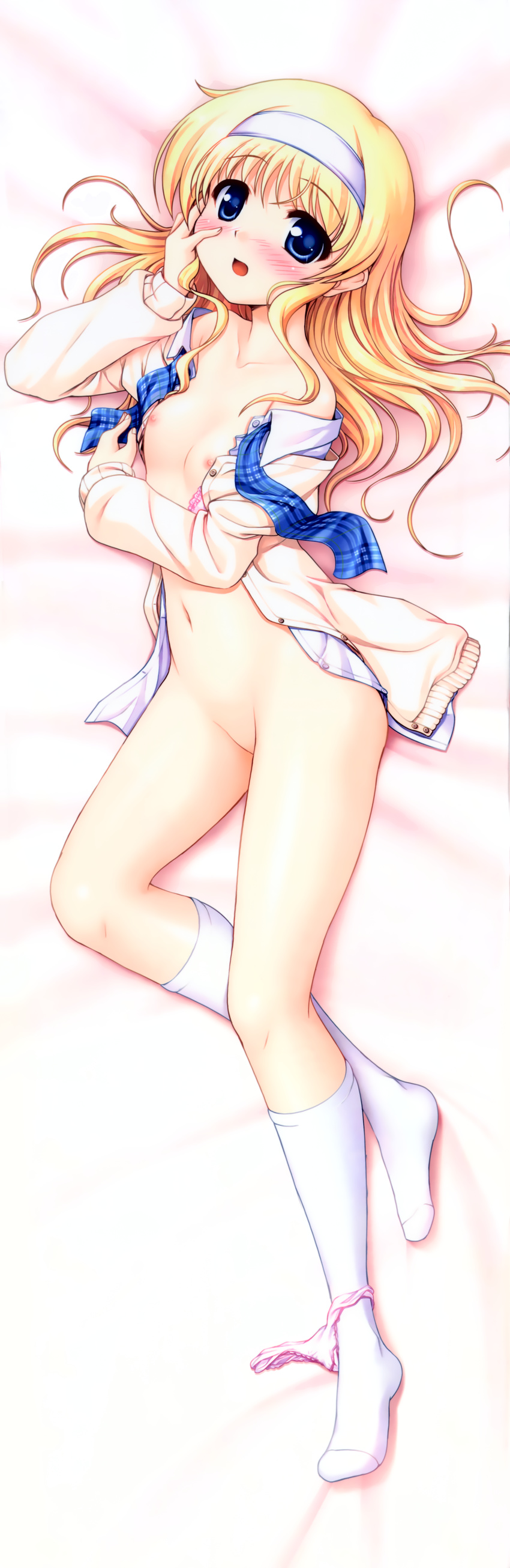 absurdres bekkankou blonde_hair blue_eyes blush bra breasts d: daitoshokan_no_hitsujikai dakimakura full_body hand_on_own_cheek headband highres legs long_hair lying nipples no_pants on_side open_bra open_clothes open_mouth open_shirt panties panties_around_one_leg pink_bra pink_panties scan shirt small_breasts socks solo suzuki_kana underwear white_legwear