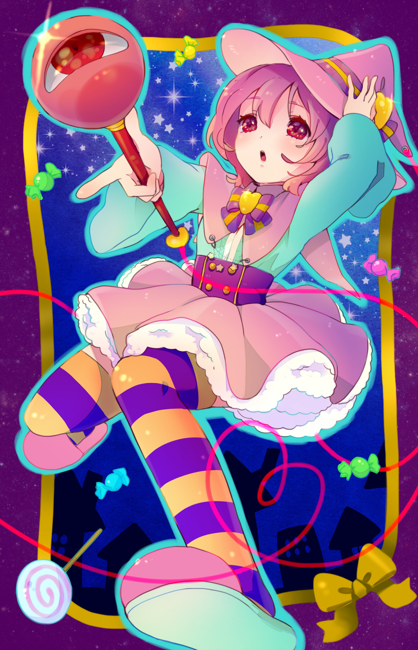 blush candy capelet eyeball food halloween hat hat_ribbon heart highres komeiji_satori long_sleeves open_mouth pink_hair pink_skirt red_eyes ribbon sash short_hair skirt solo striped striped_legwear thighhighs touhou wand wide_sleeves witch_hat witoi_(roa)