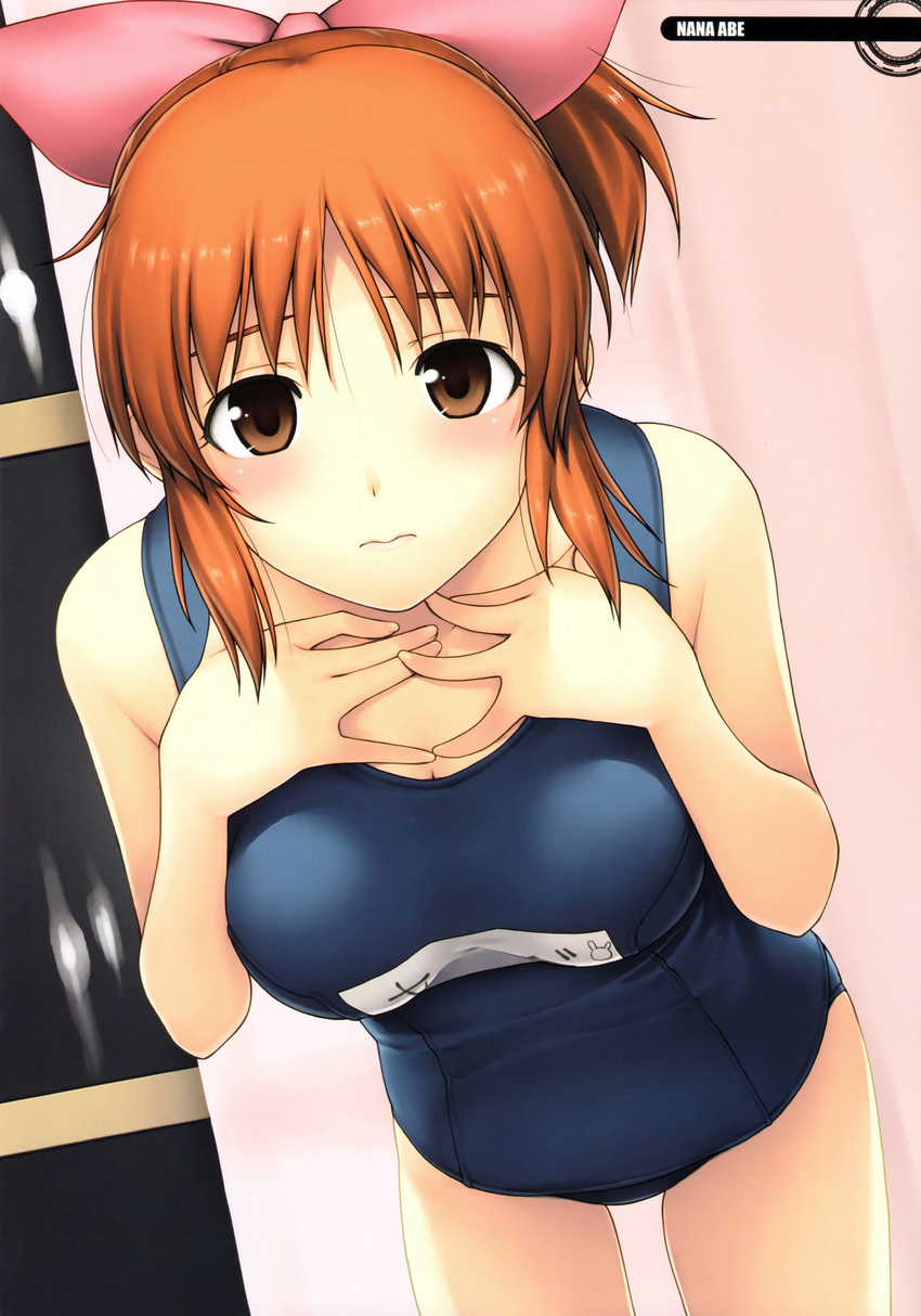3: abe_nana absurdres bow brown_eyes hair_bow hands_on_own_chest highres idolmaster idolmaster_cinderella_girls leaning_forward lips looking_at_viewer one-piece_swimsuit orange_hair ponytail scan school_swimsuit solo swimsuit tanaka_shoutarou