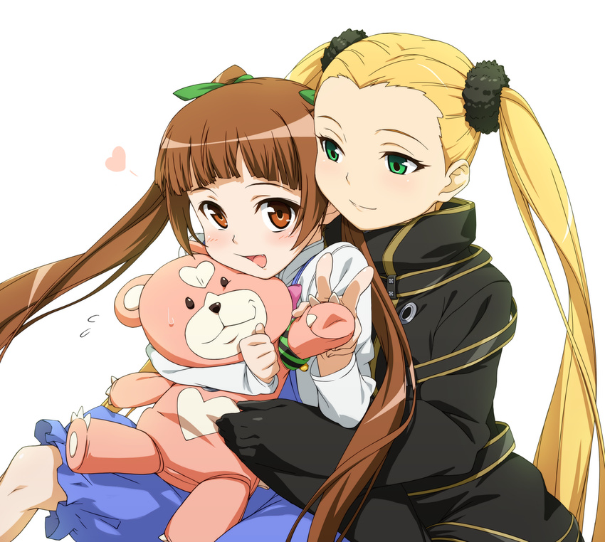 aoki_hagane_no_arpeggio blonde_hair brown_eyes brown_hair coat fang green_eyes hair_ribbon haruna_(aoki_hagane_no_arpeggio) heart hug hug_from_behind kirishima_(aoki_hagane_no_arpeggio) multiple_girls open_mouth osakabe_makie overcoat personification ribbon scrunchie smile stuffed_animal stuffed_toy sweatdrop takunari teddy_bear twintails v yotarou_(aoki_hagane_no_arpeggio)