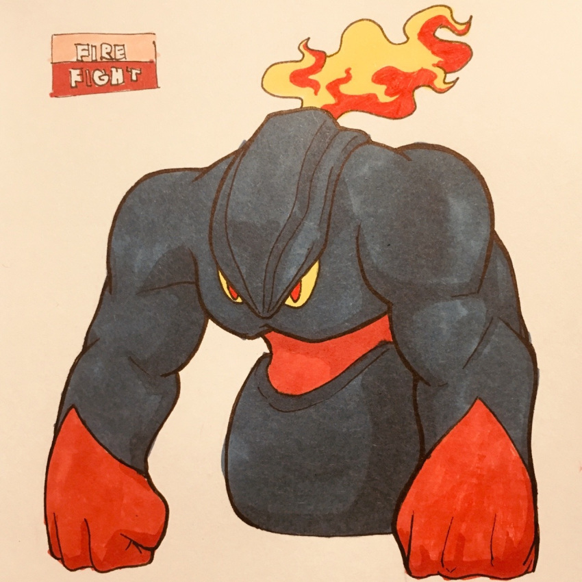 2019 4_fingers alternate_species biceps black_body boldore elemental english_text fak&eacute;mon fire fire_elemental firefightdex fist front_view full-length_portrait gloves_(marking) golem hi_res hybrid legless male marker_(artwork) markings mfanjul mineral_fauna mixed_media muscular muscular_male nintendo not_furry nude pen_(artwork) pok&eacute;mon pok&eacute;mon_(species) portrait red_body red_eyes shadow simple_background solo stone text toony traditional_media_(artwork) triceps two_tone_body video_games white_background yellow_sclera