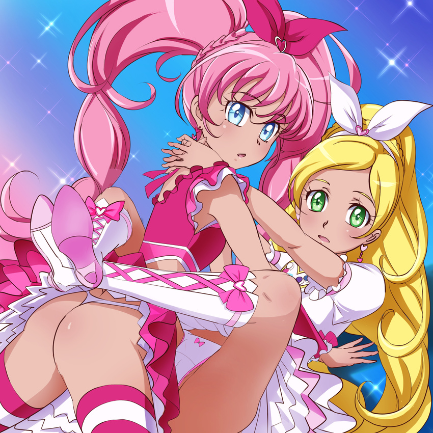 ass bad_id bad_pixiv_id blonde_hair blue_eyes boots bow braid couple cure_melody cure_rhythm dress earrings frills gradient gradient_background green_eyes hair_ornament hair_ribbon heart highres houjou_hibiki jewelry knee_boots leg_lock long_hair looking_at_viewer magical_girl minamino_kanade mont_blanc_(heartcatch_ayaya) multiple_girls open_mouth panties pink_bow pink_hair pink_legwear ponytail precure ribbon shirt single_braid skirt suite_precure surprised thong twintails underwear white_dress yuri