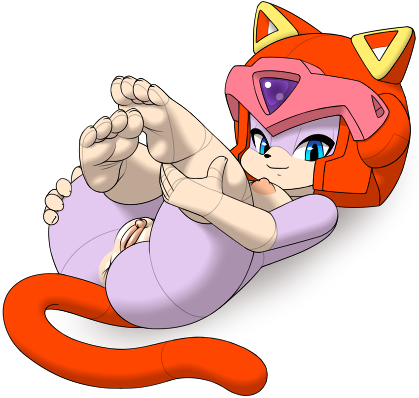 anus barefoot black_nose breasts butt cat clitoris cyan_eyes feline female foot_focus helmet looking_at_viewer mammal nipples plain_background polly_ester polly_esther pussy samurai_pizza_cat samurai_pizza_cats side_boob smile voluptuous white_background wide_hips xxylas