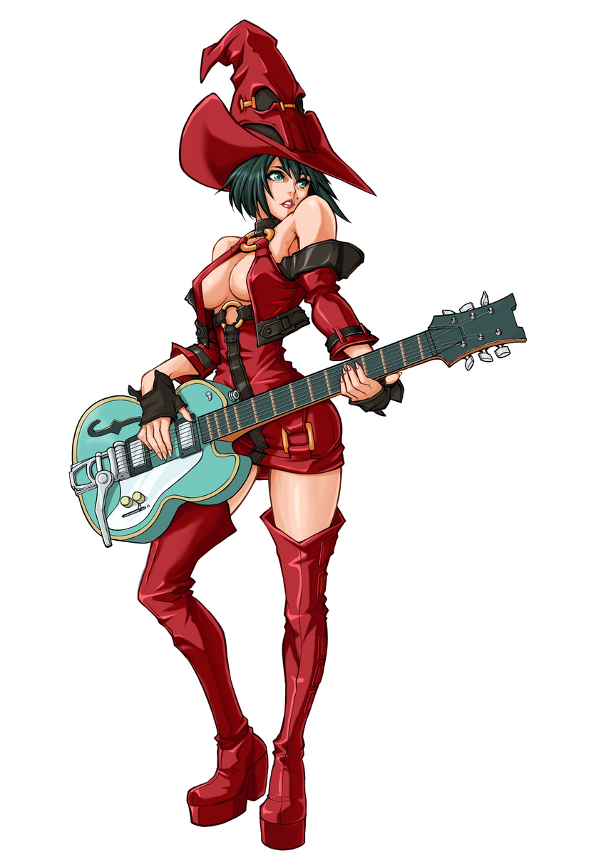 1girl arc_system_works bare_shoulders black_hair boots breasts cleavage costume fingerless_gloves gloves green_eyes guilty_gear guilty_gear_xx guilty_gear_xx_accent_core guitar halloween hat high_heels highres i-no instrument large_breasts legs miniskirt official_art short_hair skirt solo thigh_boots thighhighs underboob white_background witch witch_hat