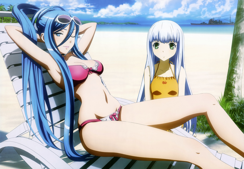 absurdres aoki_hagane_no_arpeggio armpits arms_behind_head beach bikini blue_eyes blue_hair breasts chair cloud cruiser day eyewear_on_head green_eyes highres iona legs long_hair lounge_chair medium_breasts military military_vehicle multiple_girls navel non-web_source nyantype ocean official_art ogawa_miki one_eye_closed outdoors personification ship silver_hair sky sunglasses swimsuit takao_(aoki_hagane_no_arpeggio) very_long_hair warship water watercraft