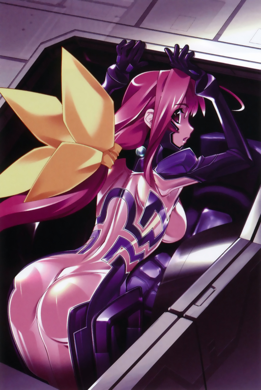 absurdres ahoge arms_up artist_request ass bent_over bodysuit bow hair_bow highres kagami_sumika long_hair looking_back low_ponytail muvluv muvluv_alternative official_art pilot_suit pink_bodysuit red_eyes red_hair scan sheer_bodysuit solo very_long_hair