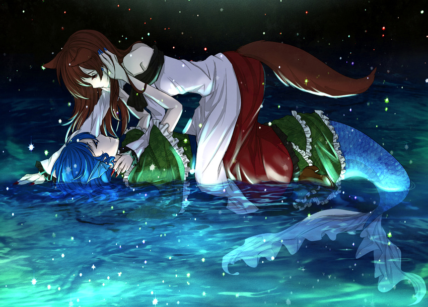 animal_ears bare_shoulders blue_hair brown_hair couple eye_contact fingernails hand_on_another's_face hands_on_another's_face head_fins imaizumi_kagerou kyogoku-uru long_fingernails long_hair looking_at_another mermaid monster_girl multiple_girls nail_polish partially_submerged tail touhou wakasagihime water wolf_ears wolf_tail yuri