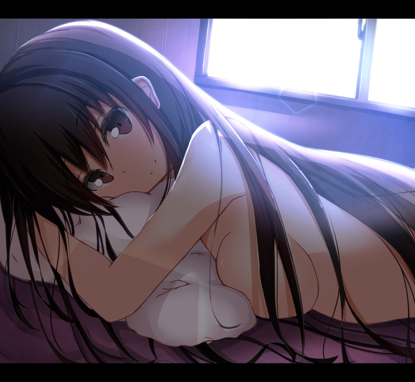 afterglow breasts brown_eyes brown_hair dutch_angle large_breasts long_hair looking_at_viewer lying nude on_stomach original pillow shirotaso0818 sideboob smile solo window
