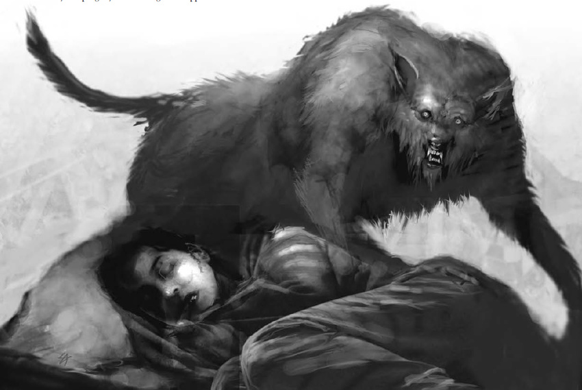 canine female greyscale looking_at_viewer male mammal monochrome samual_araya sleeping teeth were werewolf white_wolf_publishing world_of_darkness wwbotw