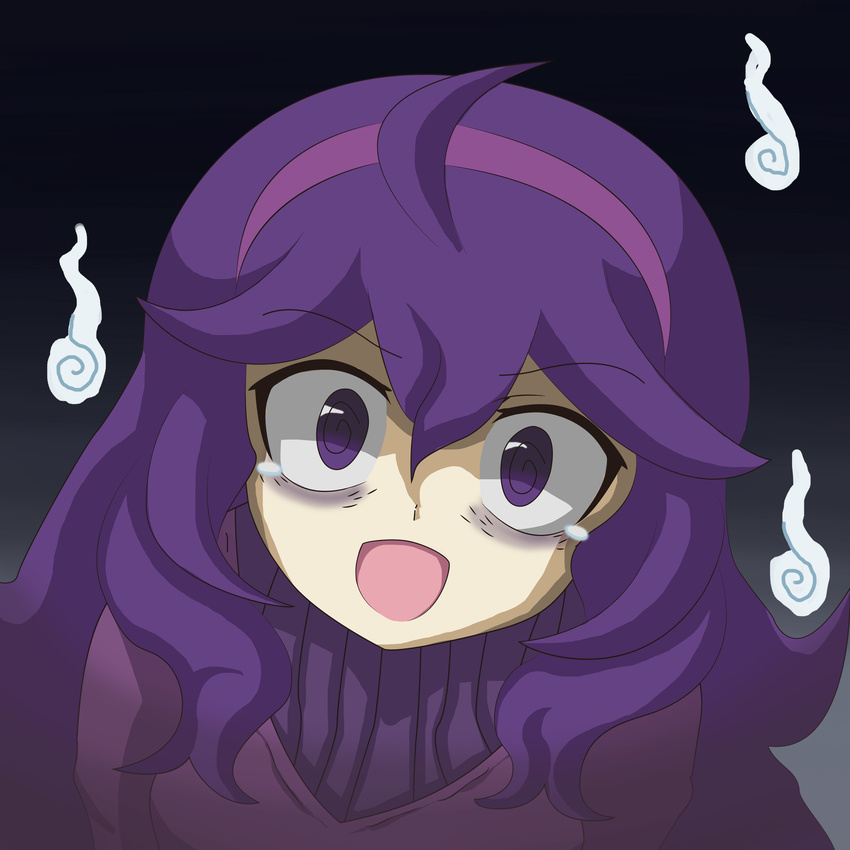 absurdres ahoge al_bhed_eyes bags_under_eyes gingasansan hairband hex_maniac_(pokemon) highres long_hair look-alike looking_at_viewer open_mouth parody pokemon pokemon_(game) pokemon_xy purple_eyes purple_hair purple_hairband smile solo watashi_ga_motenai_no_wa_dou_kangaetemo_omaera_ga_warui!