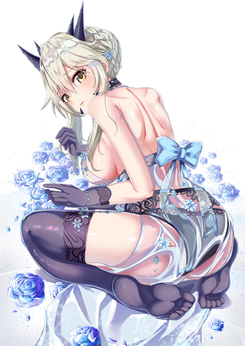 1girl absurdres artoria_pendragon_(all) artoria_pendragon_(lancer_alter) ass babydoll bangs bare_shoulders black_panties blonde_hair blue_flower blue_rose braid breasts choker closed_mouth eyebrows_visible_through_hair fate/grand_order fate_(series) feet flower french_braid from_behind full_body gatari gloves hair_between_eyes highres jewelry large_breasts lingerie looking_at_viewer looking_back panties revealing_clothes rose royal_icing see-through seiza sideboob sidelocks simple_background sitting solo thighhighs thighs underwear white_background yellow_eyes