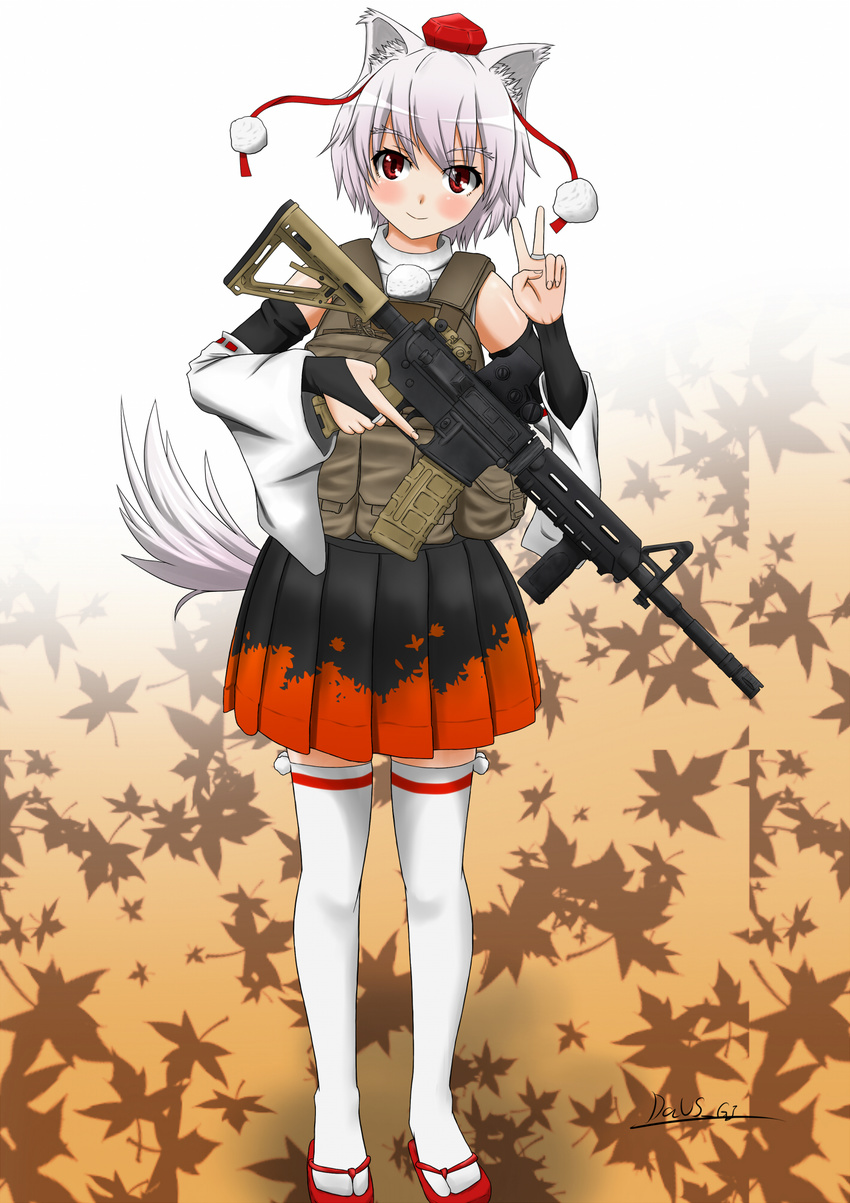 alternate_weapon animal_ears assault_rifle dausagi detached_sleeves error gun hat highres inubashiri_momiji long_sleeves looking_at_viewer m4_carbine magazine_(weapon) pleated_skirt polydactyly red_eyes ribbon-trimmed_sleeves ribbon_trim rifle skirt solo tail thighhighs tokin_hat touhou trigger_discipline v weapon white_legwear wide_sleeves wolf_ears wolf_tail zettai_ryouiki