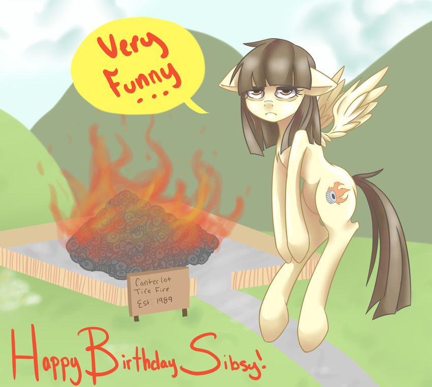 brown_eyes brown_hair cutie_mark english_text equine female feral fire flames flying friendship_is_magic frown fur grass hair horse long_hair looking_at_viewer mammal my_little_pony outside parody pegasus pony sign sky solo sorenbrian text the_simpsons tires wild_fire_(mlp) wings